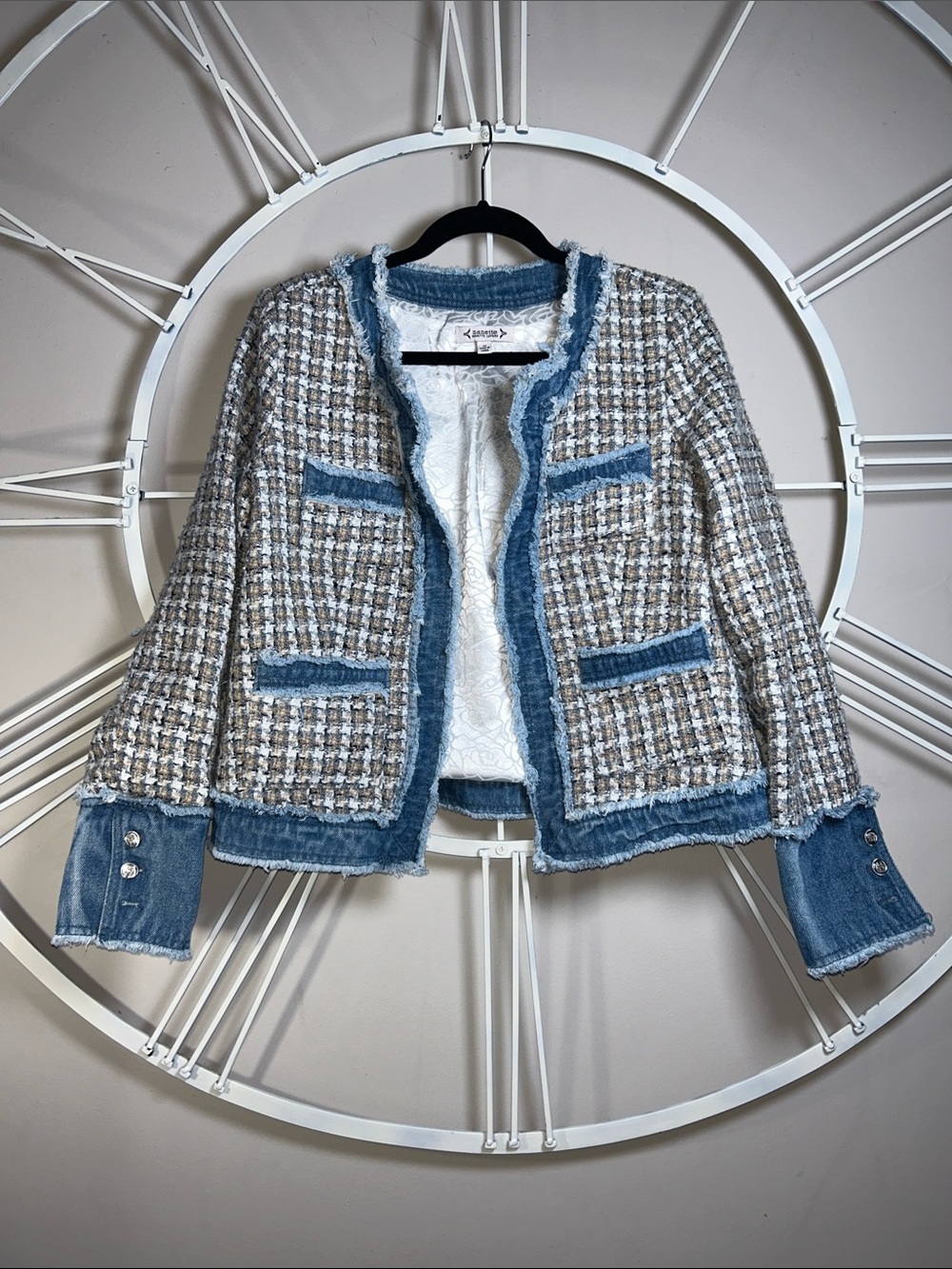 Nanette Lepore Blue and Cream Tweed Blazer with Denim Trim